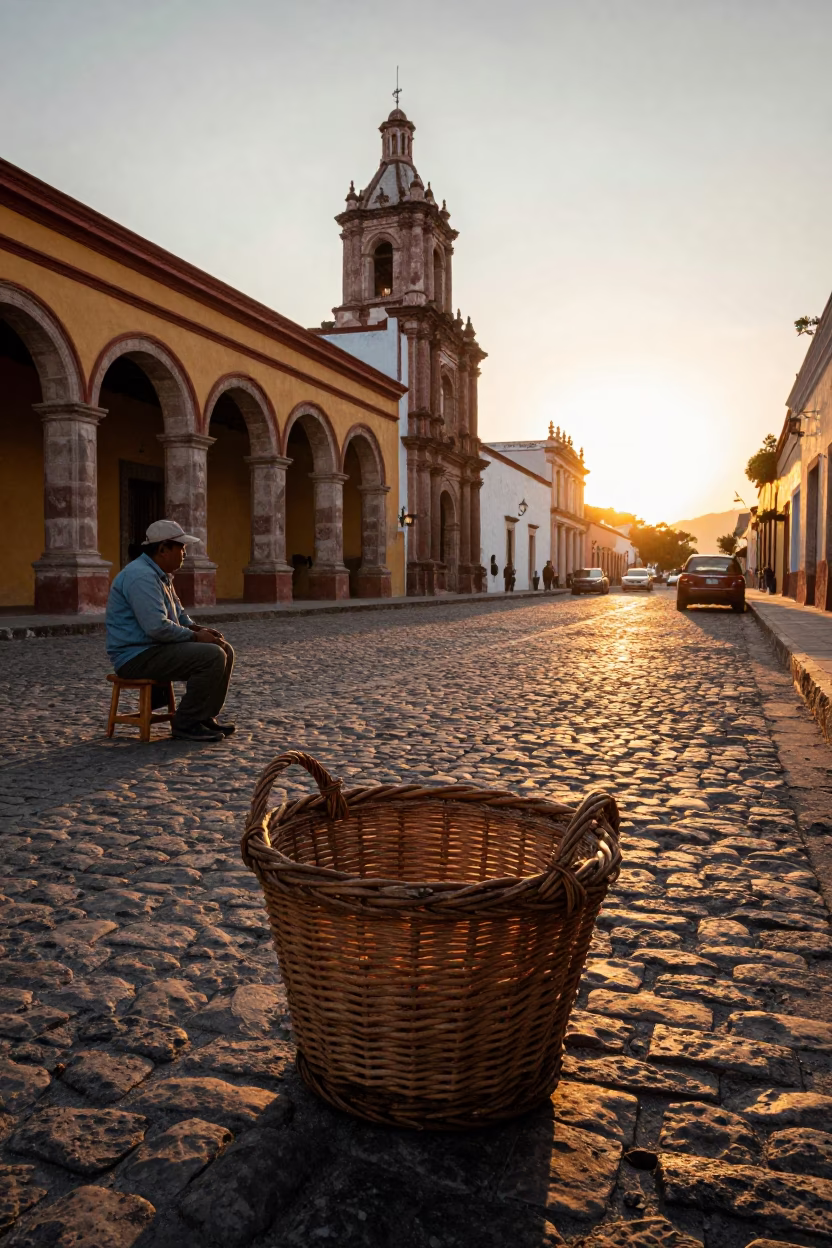 Sunset Street Scene in Merida Mexico with Wicker Basket and Colonial Architecture in in Merida, Mexico
