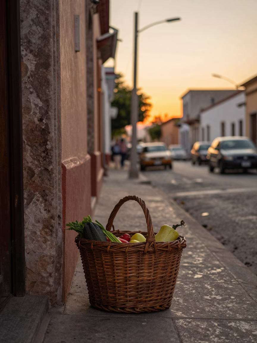 Sunset Street Scene in Merida Mexico with Wicker Basket and Rusty Rail in in Merida, Mexico