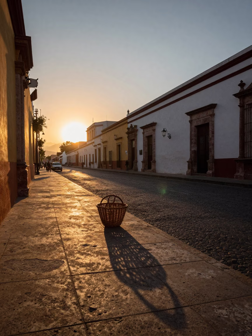 Sunset Street Scene in Merida Mexico with Wicker Basket Shadow on Colonial Tile Grout in in Merida, Mexico
