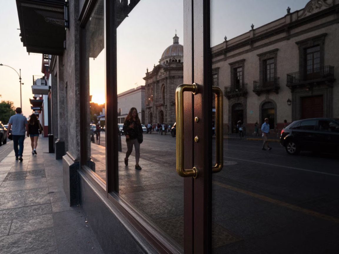 Sunset street scene in Mexico City featuring a glass window with polished brass handle in in Mexico City, Mexico