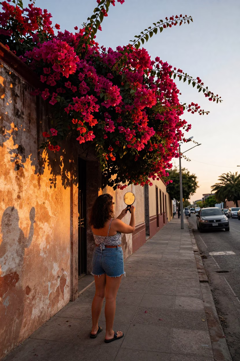 Sunset Street Scene in Mexico City with Bougainvillea and Hand Mirror in in Mexico City, Mexico