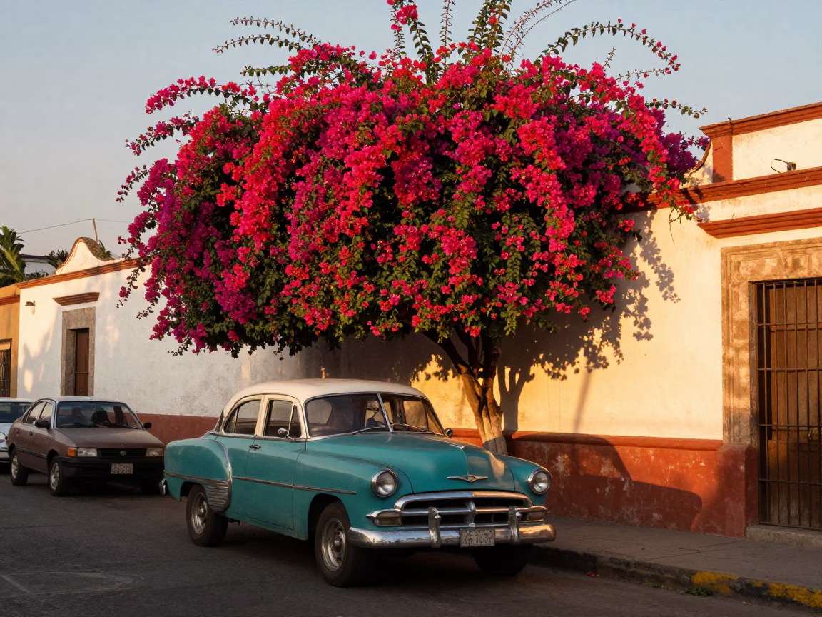 Sunset Street Scene in Mexico City With Bougainvillea and Vintage Car Rally in in Mexico City, Mexico