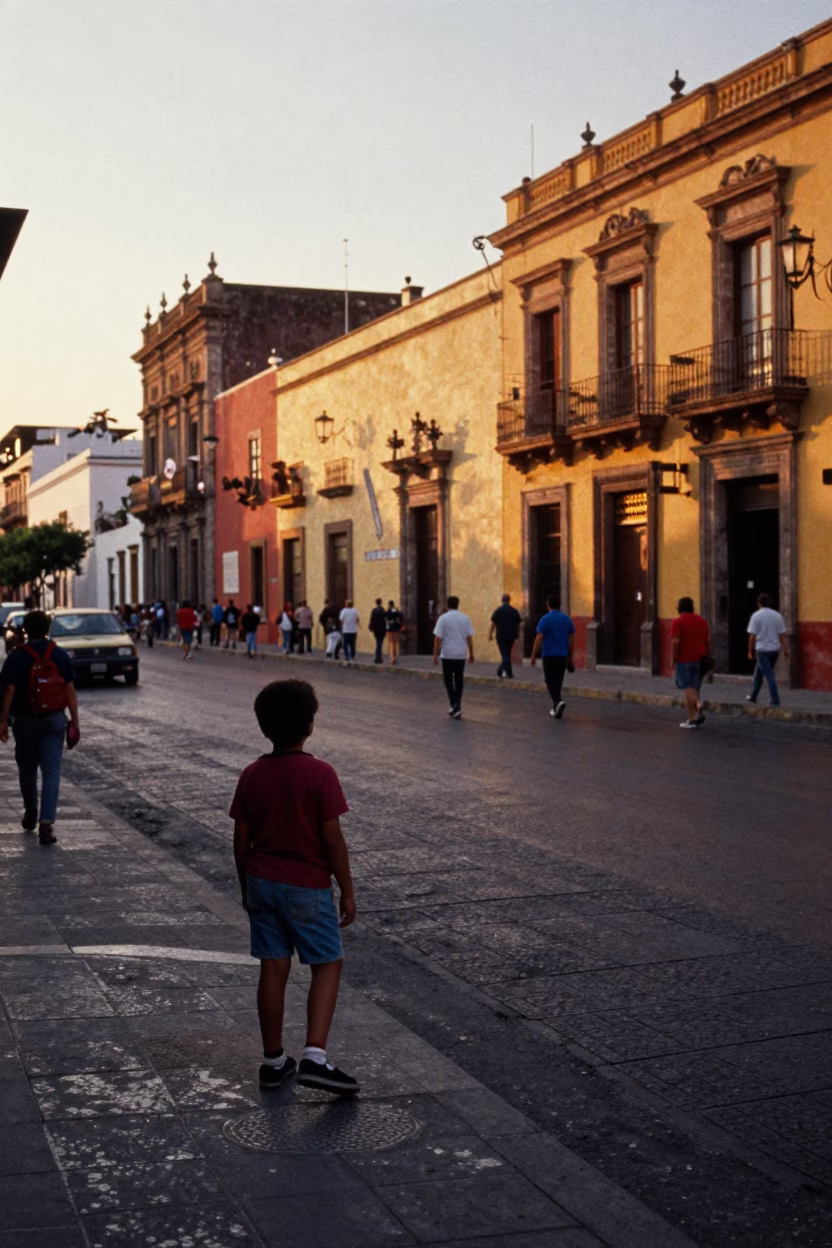 Sunset Street Scene in Mexico City with Child and Berger Picard Dog in in Mexico City, Mexico