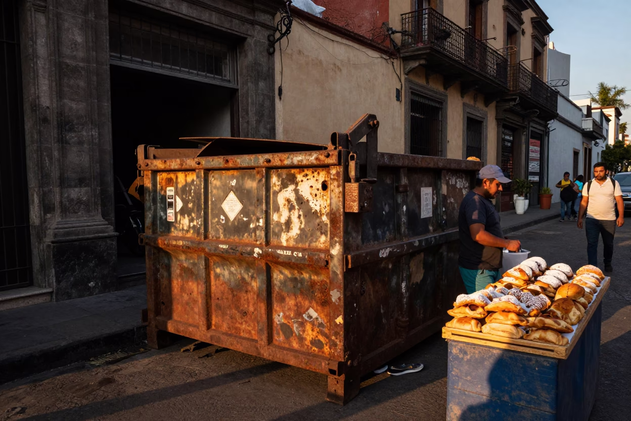 Sunset Street Scene in Mexico City with Demolition Dumpster and Pastries Vendor in in Mexico City, Mexico