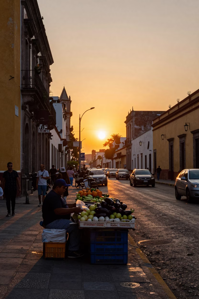 Sunset Street Scene in Mexico City with Eggplants and Market Vendor in in Mexico City, Mexico