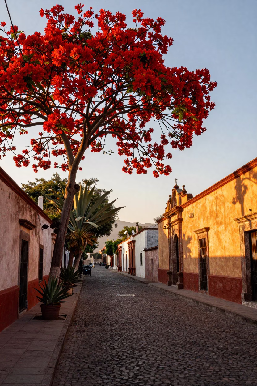 Sunset Street Scene in Mexico City with Flame Tree and Succulent Pots in in Mexico City, Mexico
