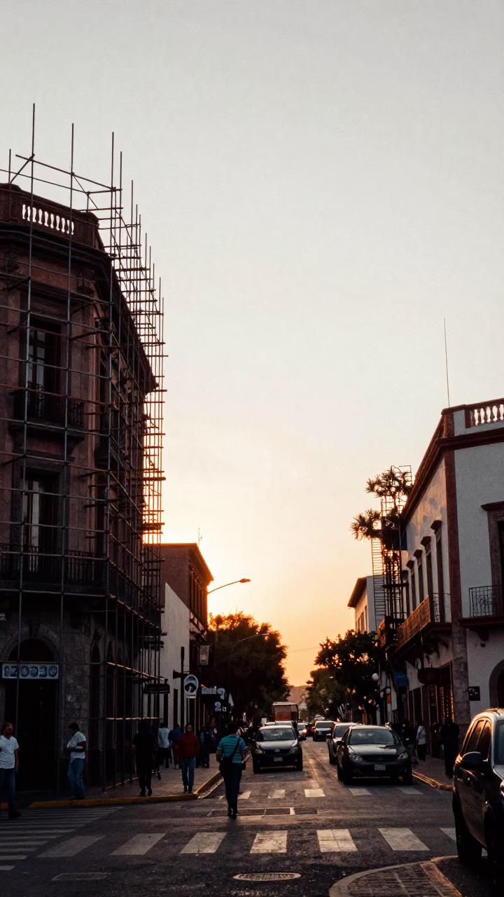 Sunset Street Scene in Mexico City with Geometric Scaffold and Local Interaction in in Mexico City, Mexico