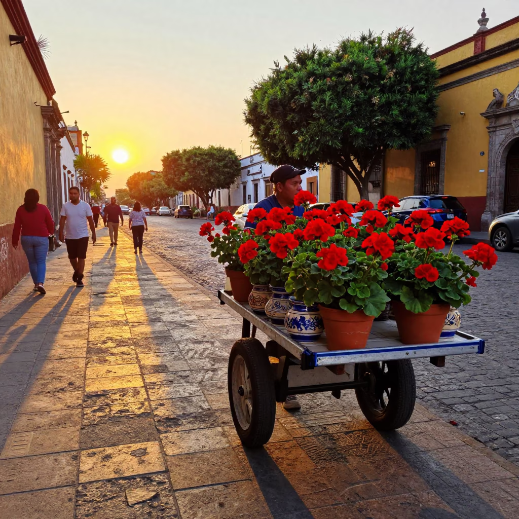 Sunset street scene in Mexico City with vibrant geraniums and ceramic plates in in Mexico City, Mexico