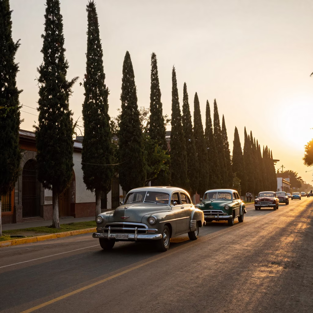 Sunset Street Scene in Mexico City with Vintage Cars and Cypress Trees in in Mexico City, Mexico