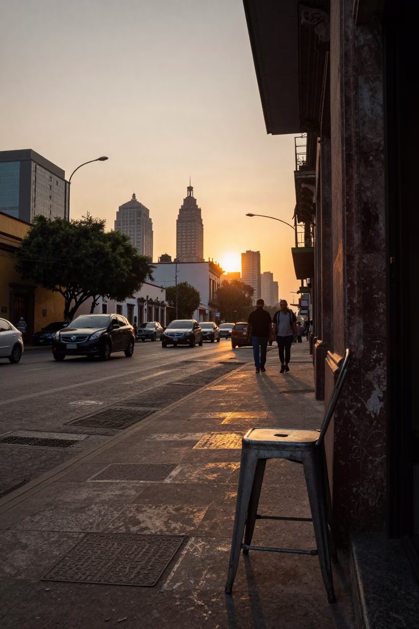 Sunset Street Scene in Mexico City with Vintage Metal Stool and Iron Deadbolt Detail in in Mexico City, Mexico