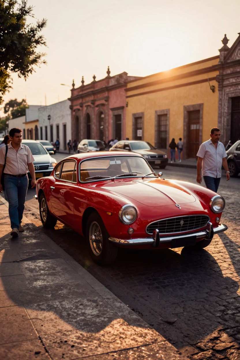 Sunset Street Scene in Mexico City With Vintage Red Sports Car and Local Pedestrians in in Mexico City, Mexico