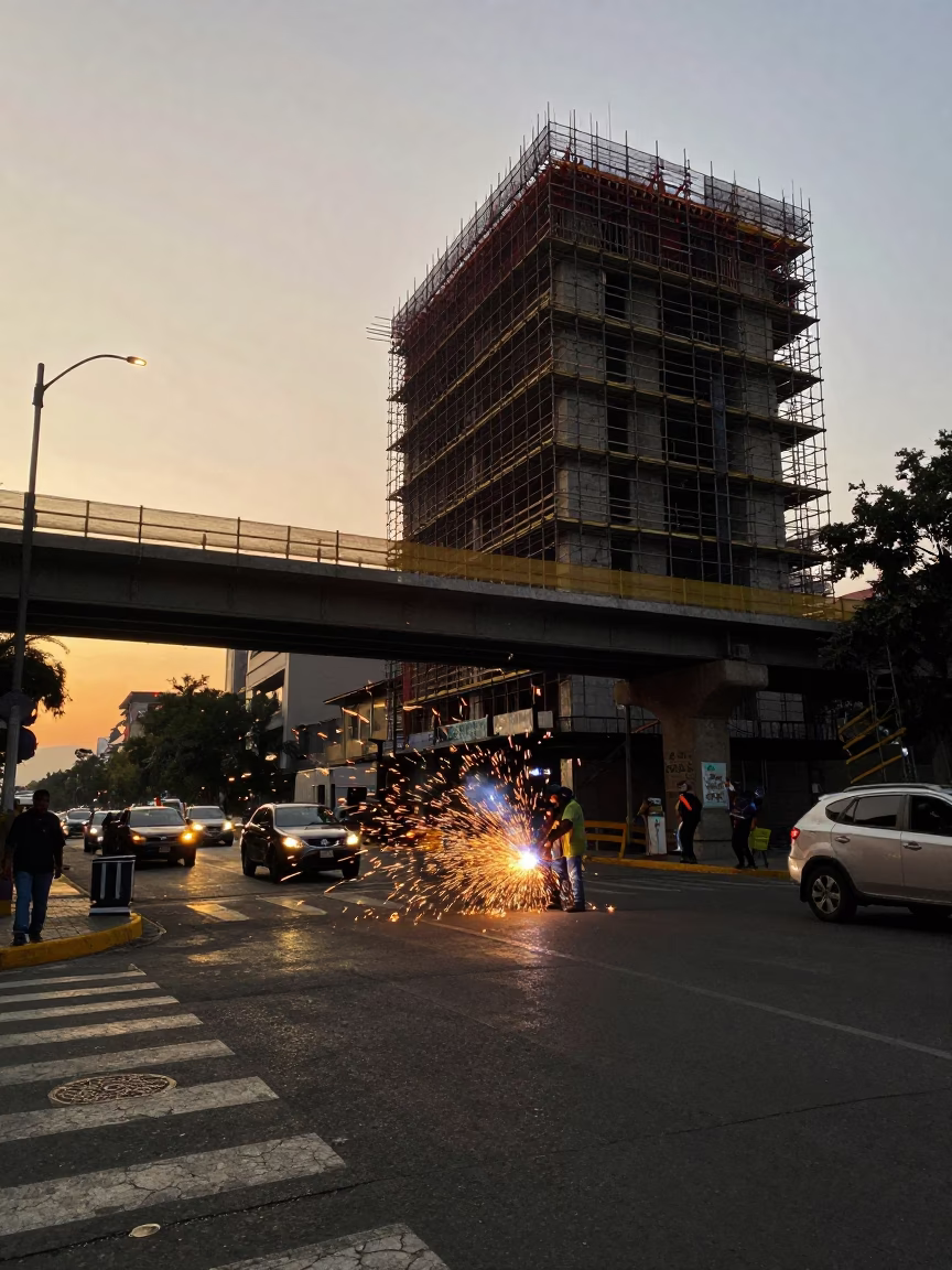 Sunset Street Scene in Mexico City with Welding Sparks Under Construction Bridge in in Mexico City, Mexico
