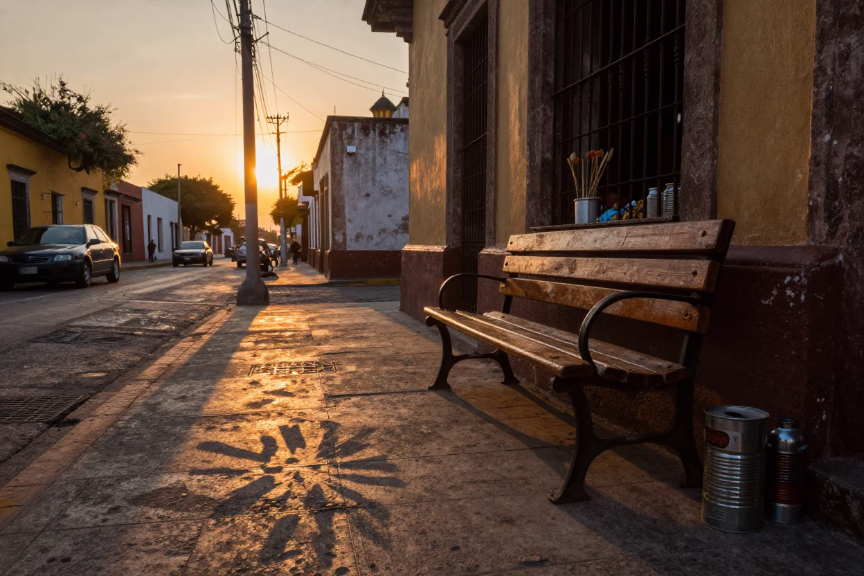 Sunset Street Scene in Mexico City with Wicker Shadow and Tin Box in in Mexico City, Mexico