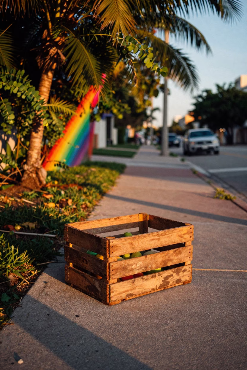 Sunset Street Scene in Miami Florida with Fruit Crate and Rainbow Eucalyptus in in Miami, Florida, United States