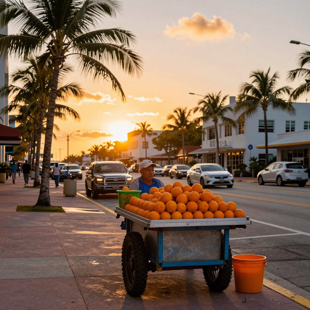Sunset Street Scene in Miami Florida With Oranges and Vintage Details in in Miami, Florida, United States
