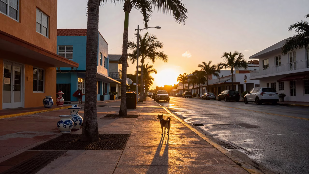 Sunset Street Scene in Miami Florida with Small Dog and Ceramic Pitcher in in Miami, Florida, United States