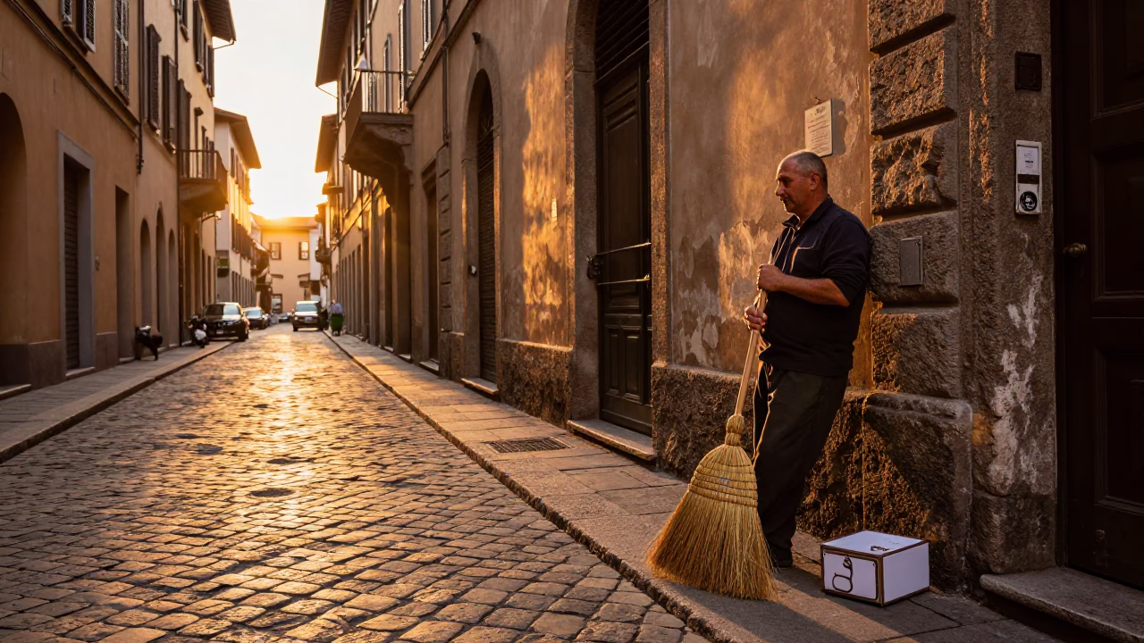 Sunset Street Scene in Milan Italy with Broom and Cufflink Box on Cobblestone in in Milan, Italy