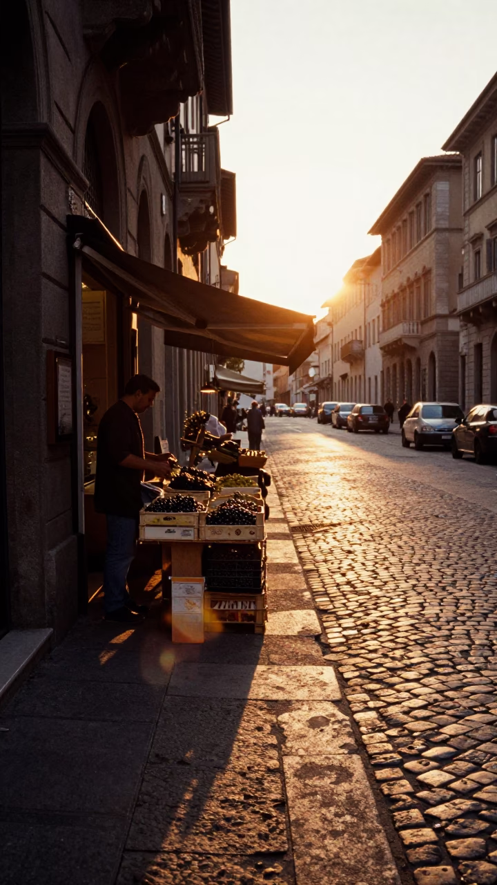 Sunset Street Scene in Milan Italy with Cobblestones and Local Market Goods in in Milan, Italy