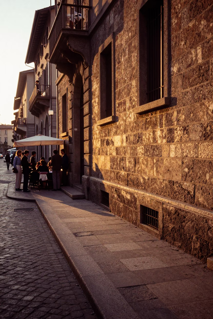 Sunset Street Scene in Milan Italy with Stone Walls and Urban Life in in Milan, Italy