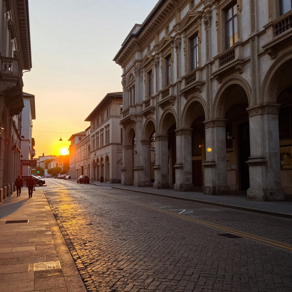 Sunset street scene in Milan Italy with vintage 1950s charm and red camellia flowers in in Milan, Italy