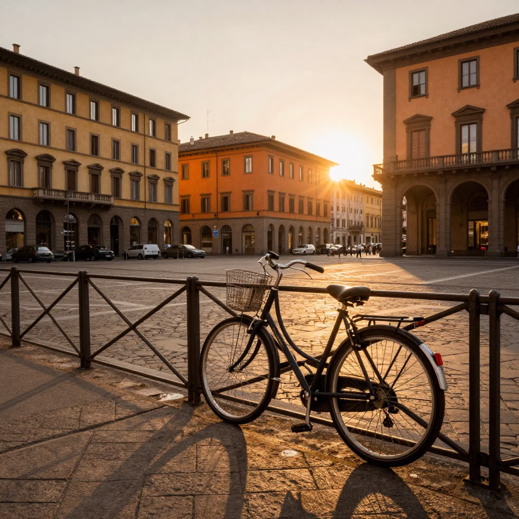 Sunset Street Scene in Milan Italy with Vintage Bicycle and Urban Details in in Milan, Italy