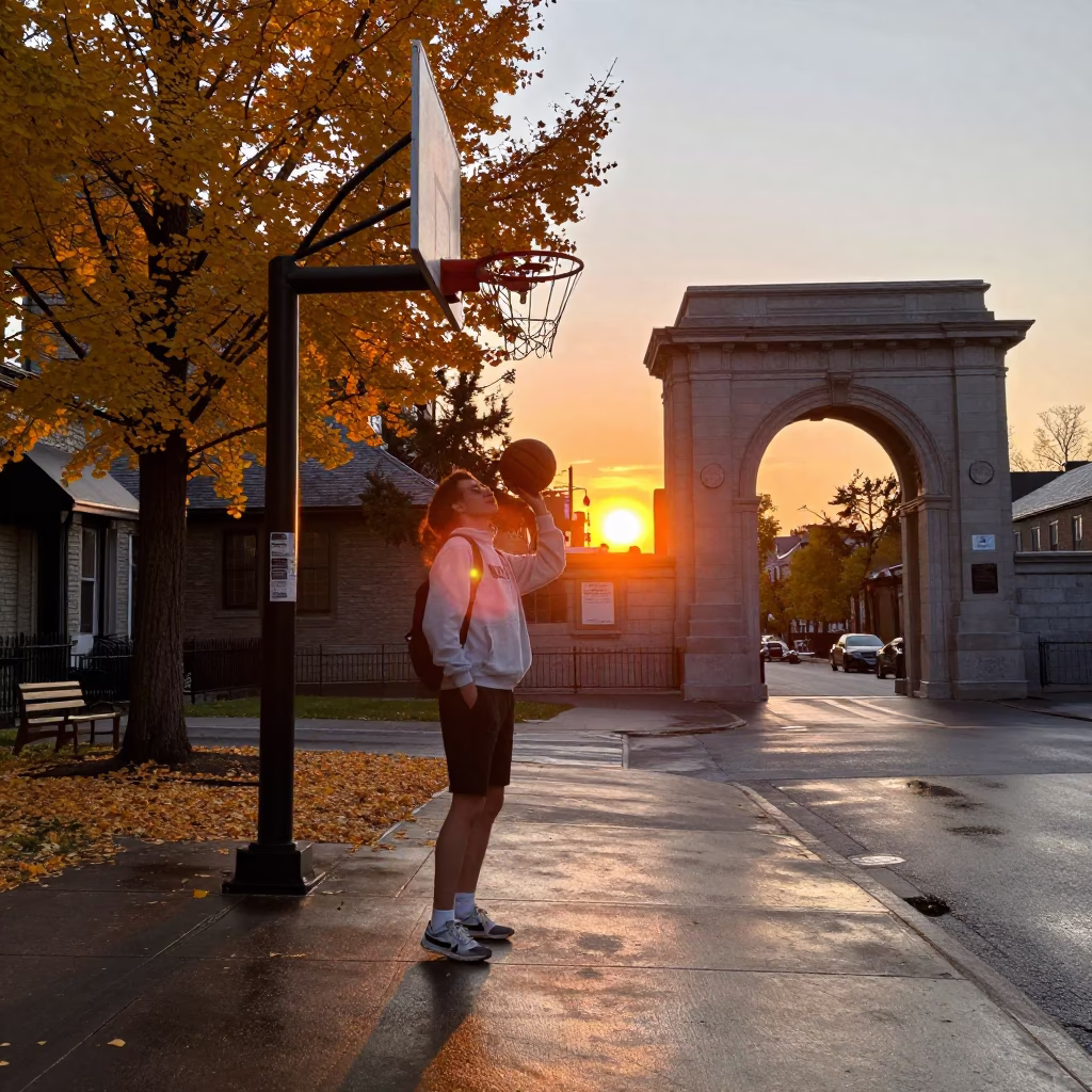 Sunset Street Scene in Montreal Quebec with Vintage Basketball and Ginkgo Leaves in in Montreal, Quebec, Canada