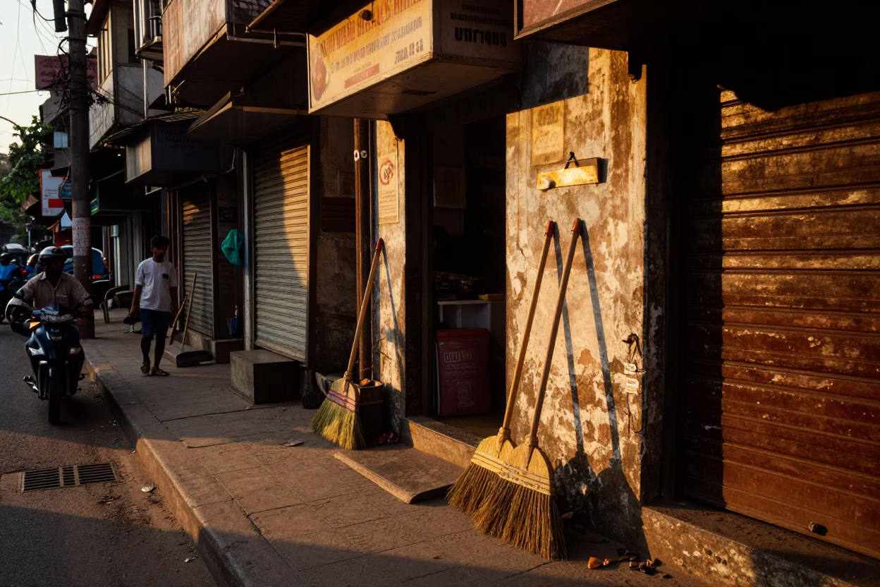 Sunset Street Scene in Mumbai India with Brooms and Local Life in in Mumbai, India
