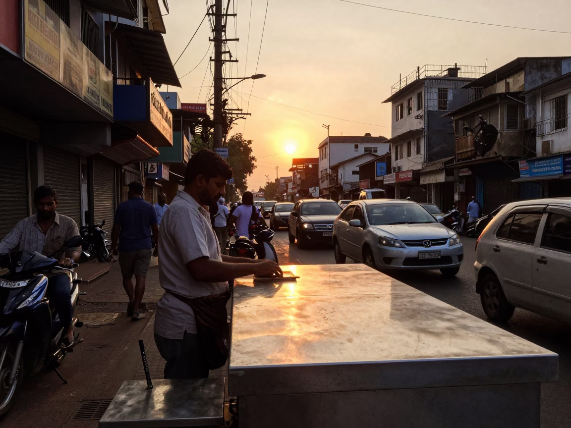 Sunset Street Scene in Mumbai India with Brushed Steel Countertop and Twine Fibers in in Mumbai, India