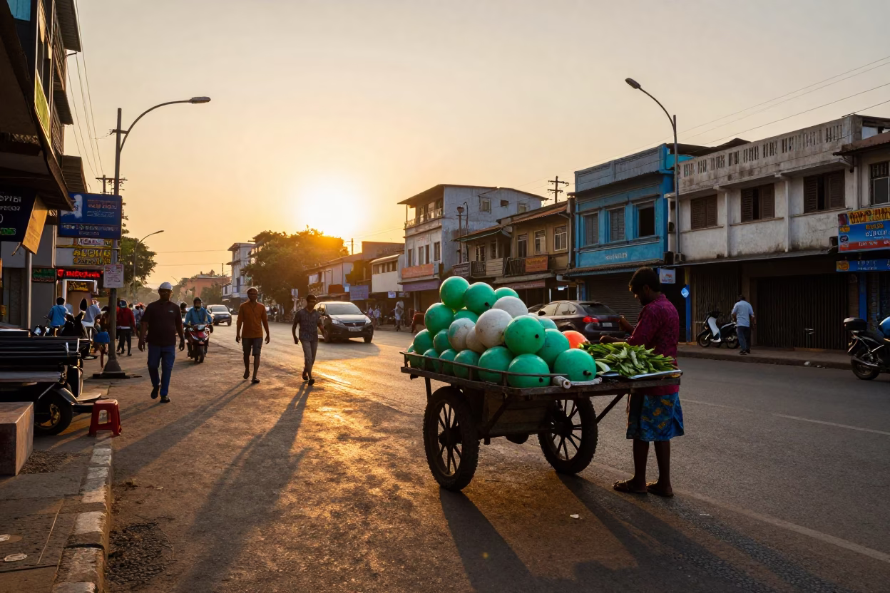 Sunset Street Scene in Mumbai India with Colorful Fishing Floats and Local Market Activity in in Mumbai, India