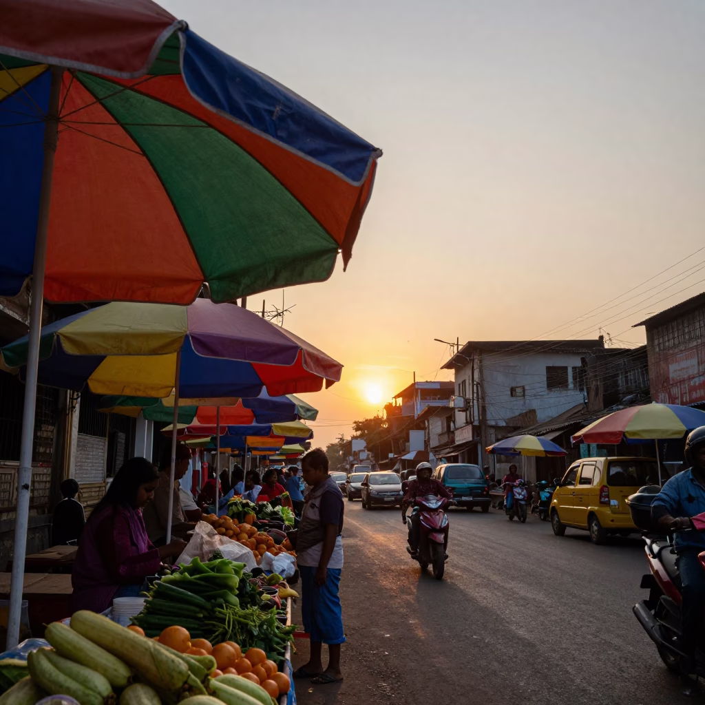 Sunset Street Scene in Mumbai India with Colorful Umbrellas and Local Vendors in in Mumbai, India