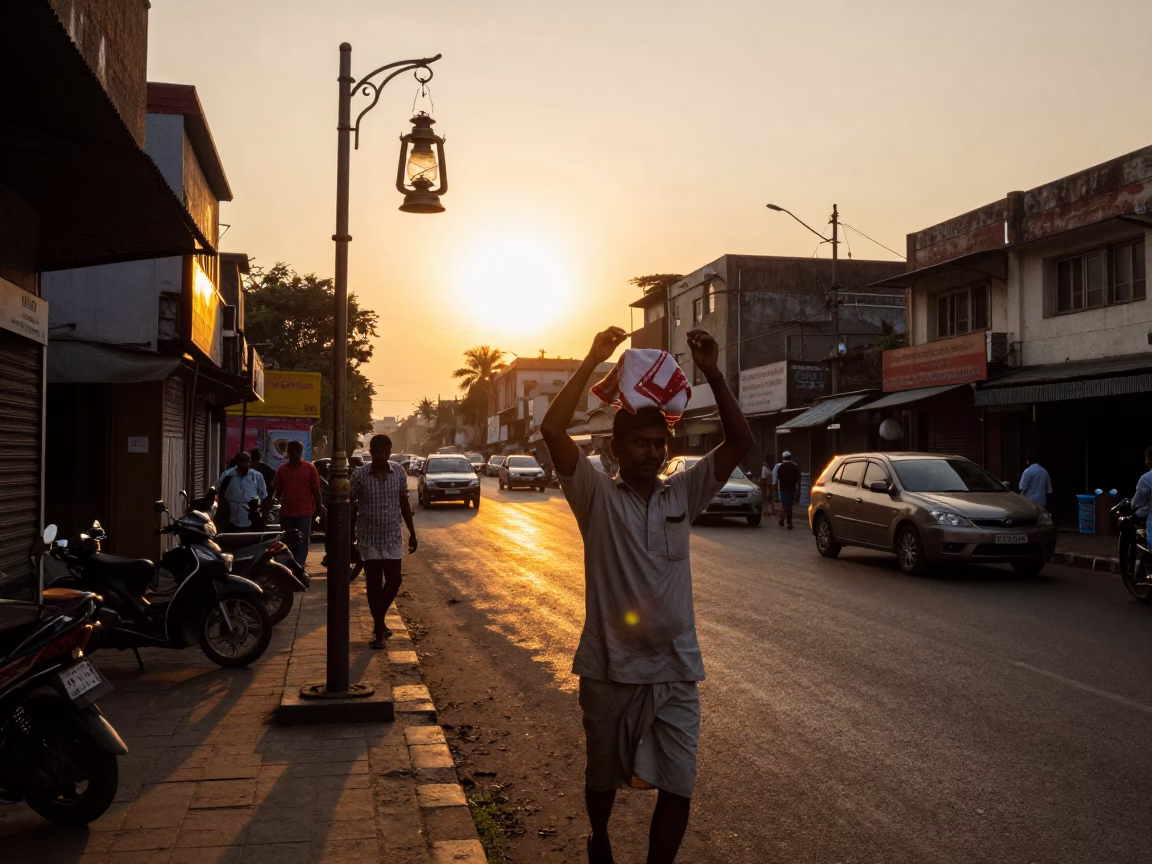 Sunset Street Scene in Mumbai India with Oil Lamp and Handkerchief in in Mumbai, India