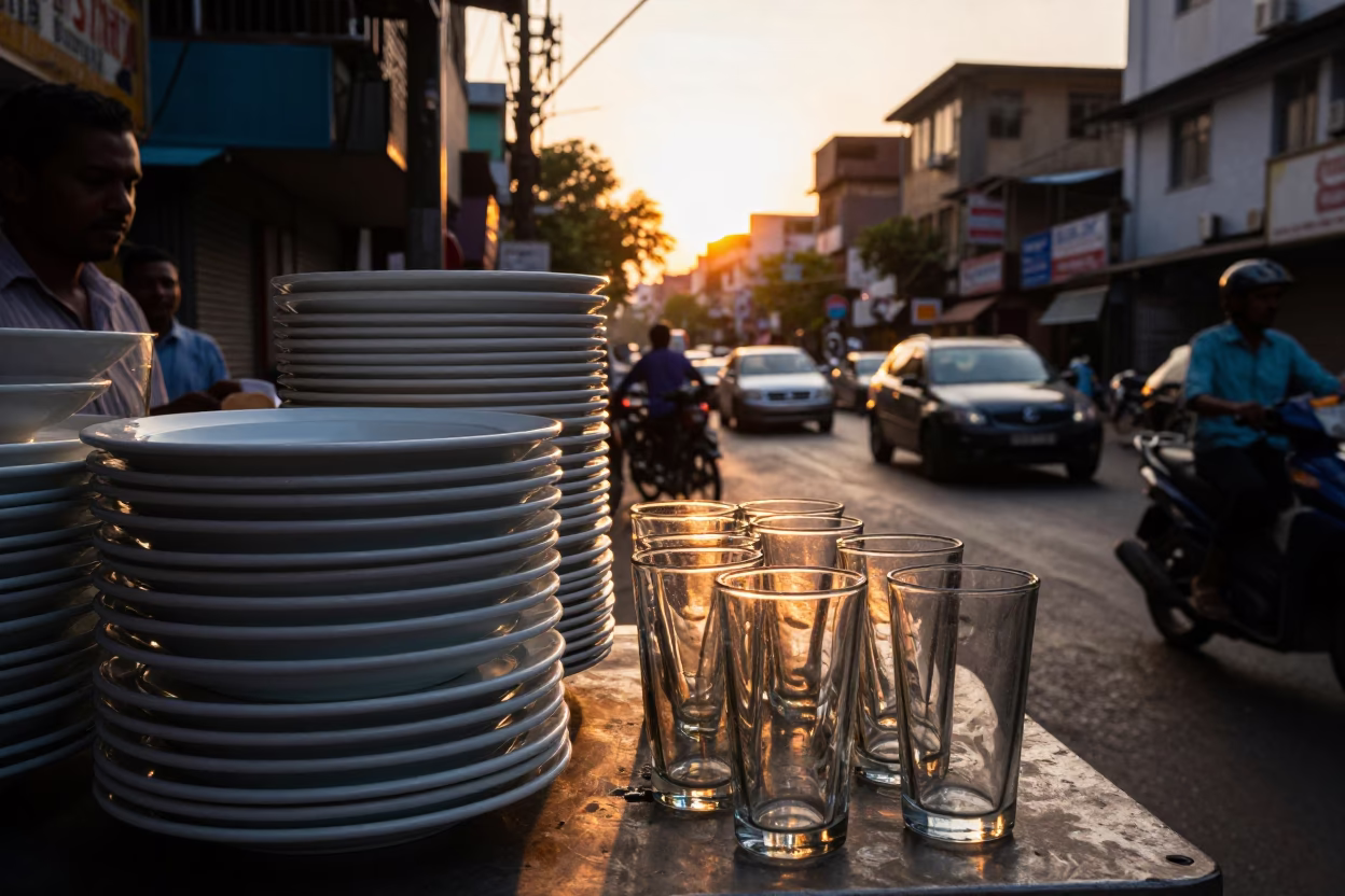 Sunset Street Scene in Mumbai India with Stacked Plates and Glass Tumblers in in Mumbai, India
