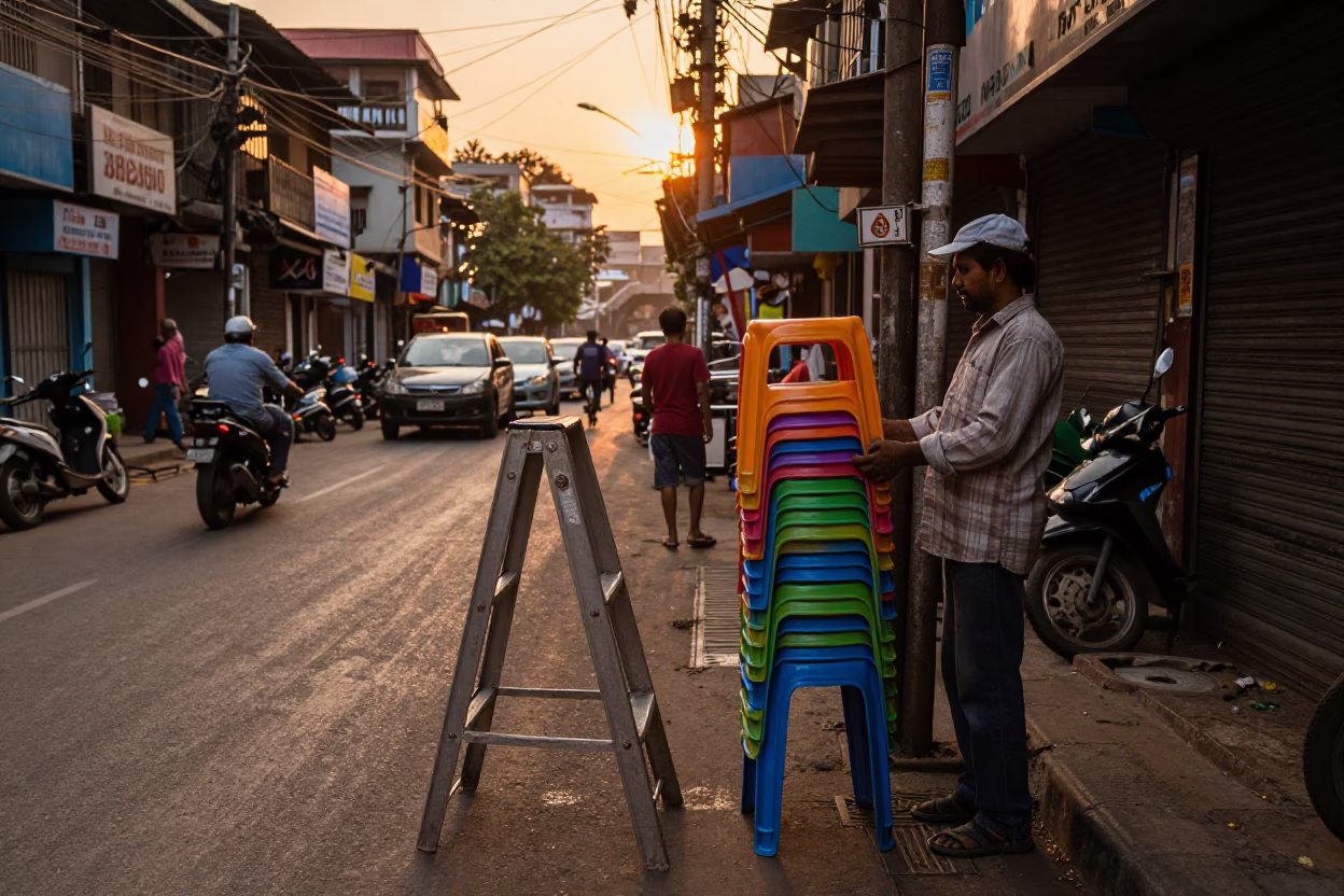 Sunset Street Scene in Mumbai India with Step Ladder and Local Vendor Interaction in in Mumbai, India