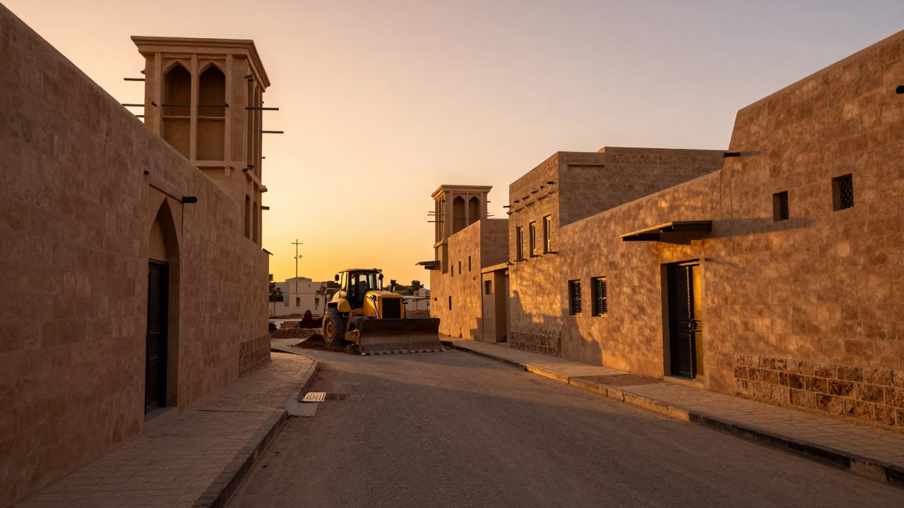 Sunset Street Scene in Muscat Oman with Bulldozer Construction and Traditional Architecture in in Muscat, Oman