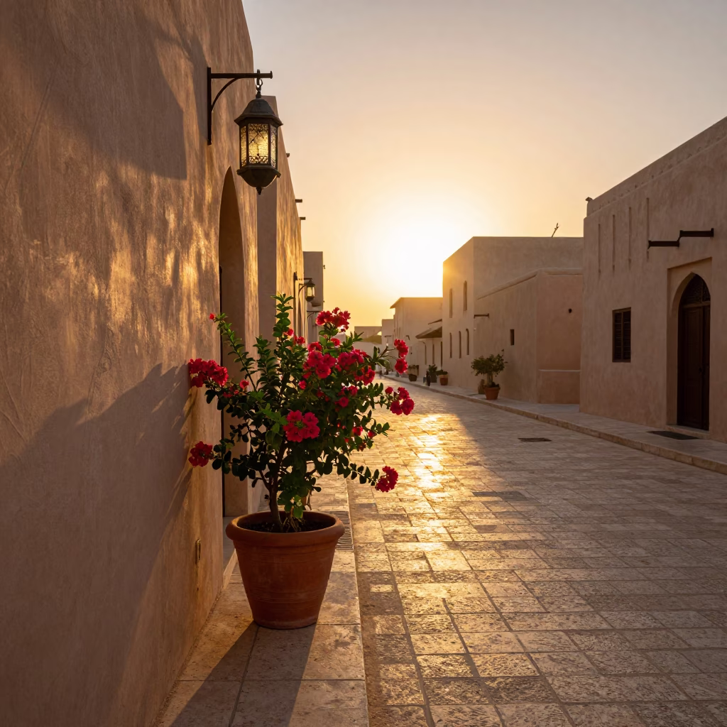 Sunset Street Scene in Muscat Oman with Flowering Plant and Lantern Alley in in Muscat, Oman