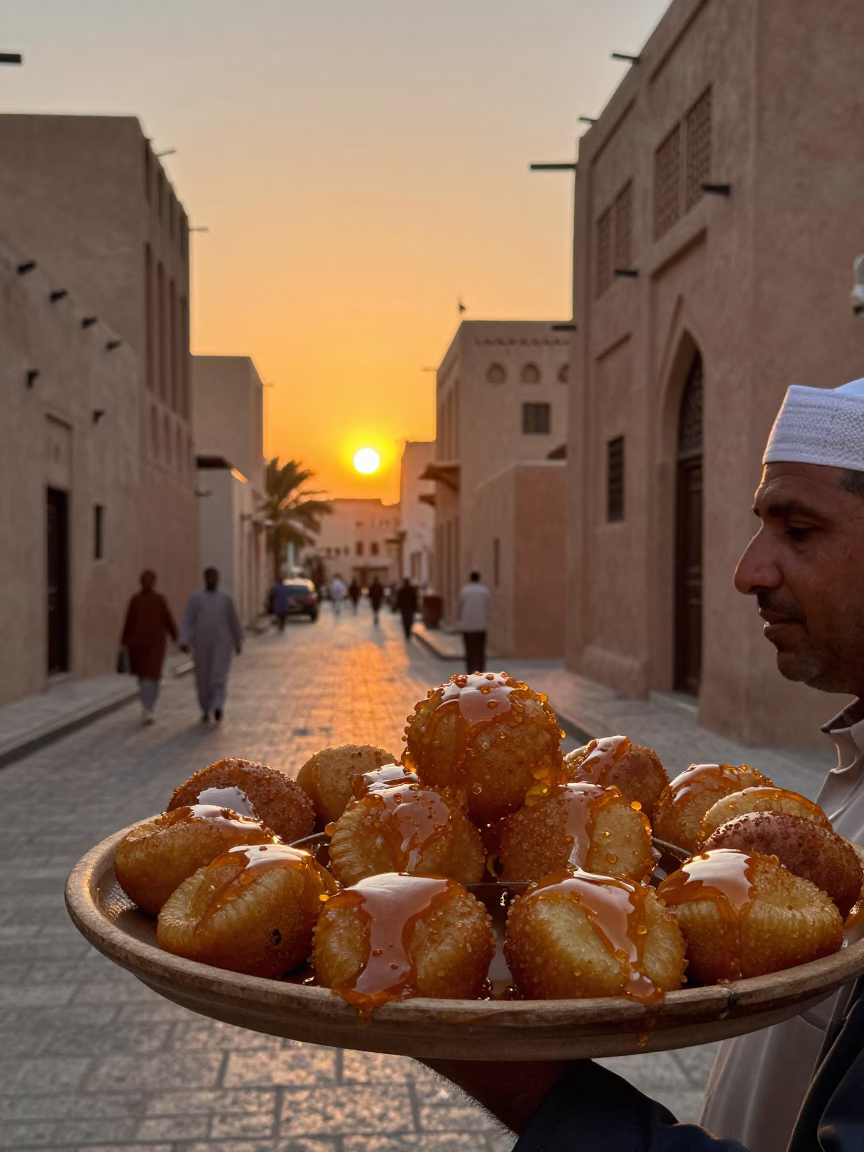 Sunset Street Scene in Muscat Oman with Honey Loukoumades and Traditional Architecture in in Muscat, Oman