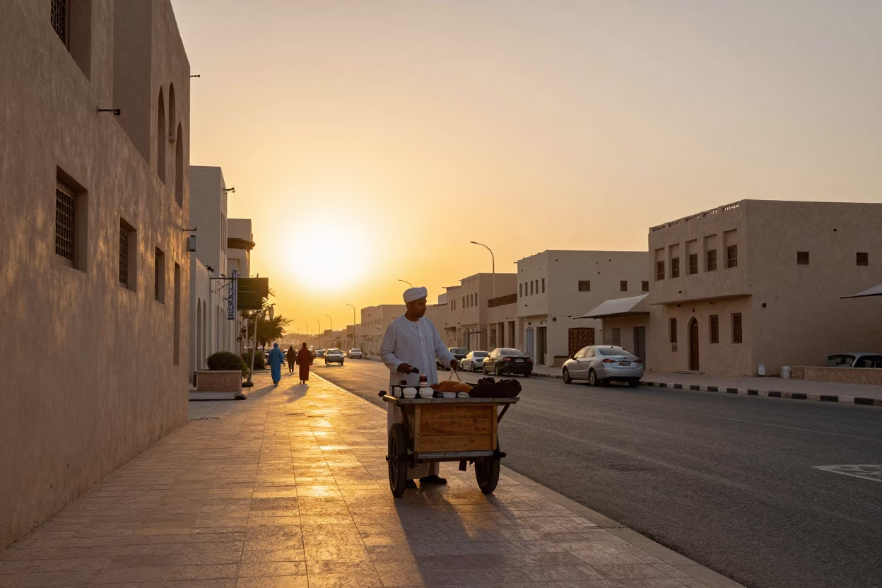 Sunset Street Scene in Muscat Oman with Local Vendor and Traditional Decor in in Muscat, Oman