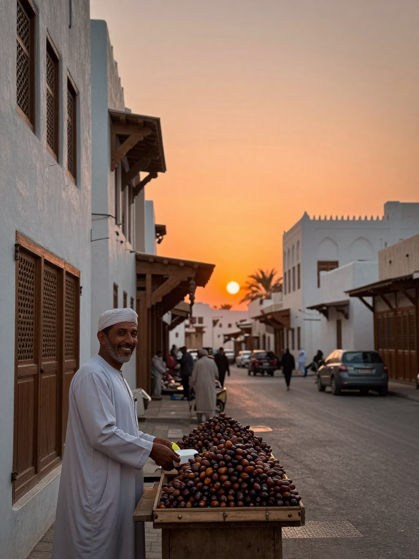 Sunset street scene in Muscat Oman with traditional architecture and local vendors in in Muscat, Oman