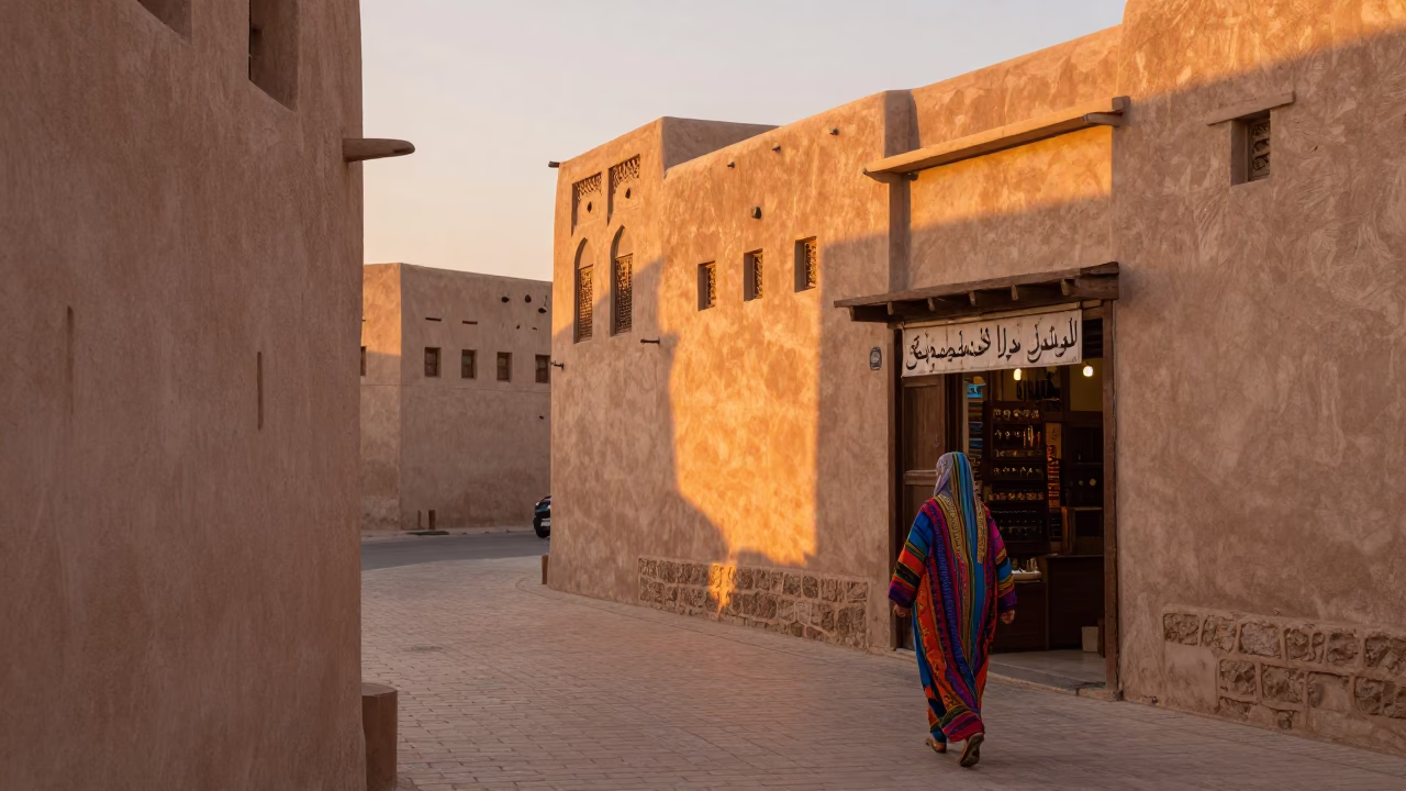 Sunset Street Scene in Muscat Oman with Traditional Clothing and Local Architecture in in Muscat, Oman