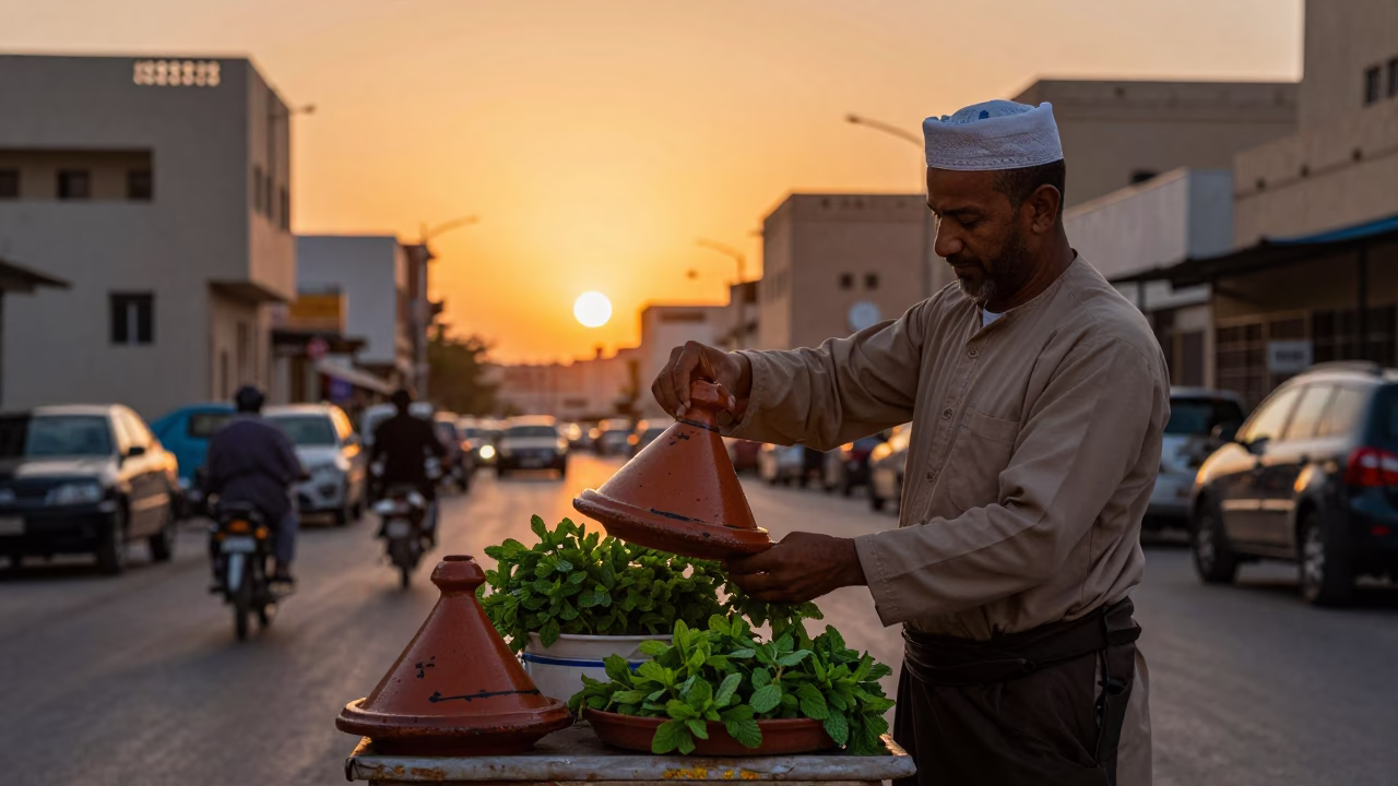 Sunset Street Scene in Muscat Oman with Traditional Tagine and Mint Leaves in in Muscat, Oman
