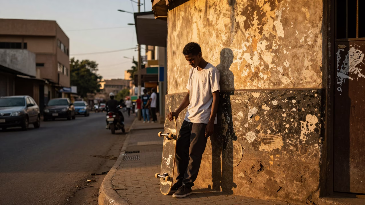 Sunset Street Scene in Nairobi Kenya with Brushed Steel and Skateboard in in Nairobi, Kenya