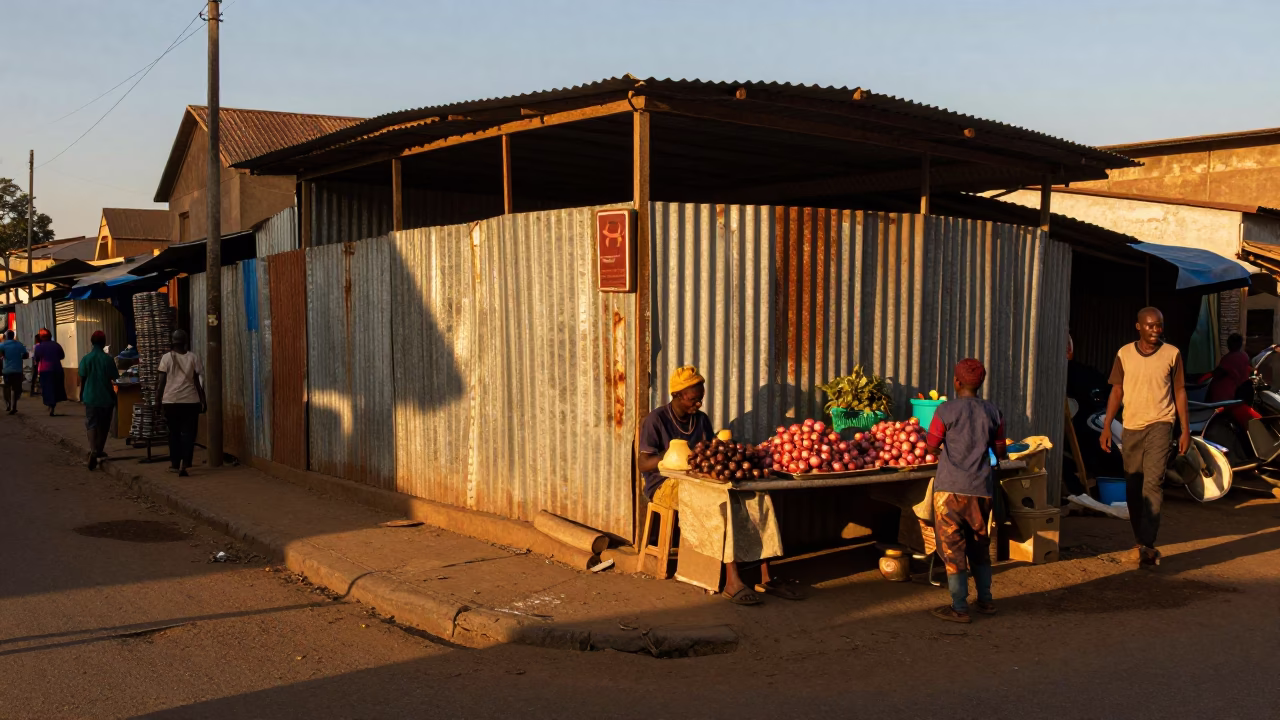 Sunset street scene in Nairobi Kenya with market vendor and onions in in Nairobi, Kenya