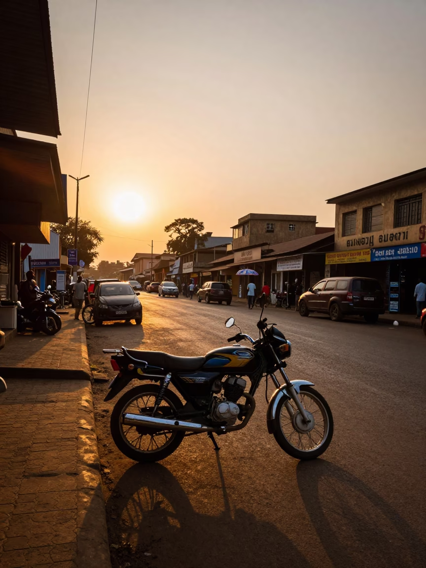 Sunset Street Scene in Nairobi Kenya with Motorcycle and Local Commerce in in Nairobi, Kenya