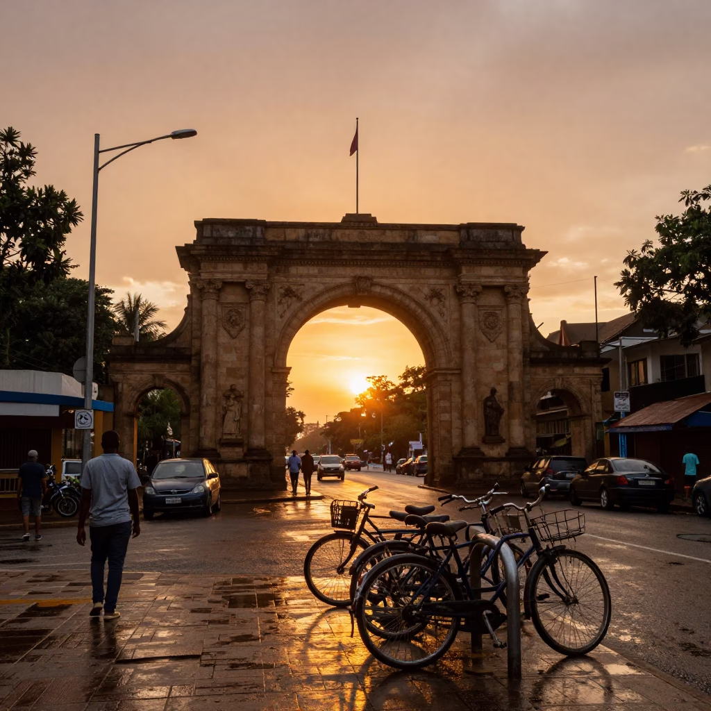 Sunset Street Scene in Nairobi Kenya with University Archway and Wet Bicycle Rack in in Nairobi, Kenya
