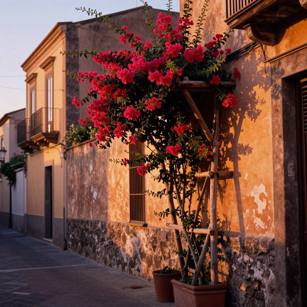 Sunset Street Scene in Naples Italy with Climbing Flowers and Traditional Architecture in in Naples, Italy