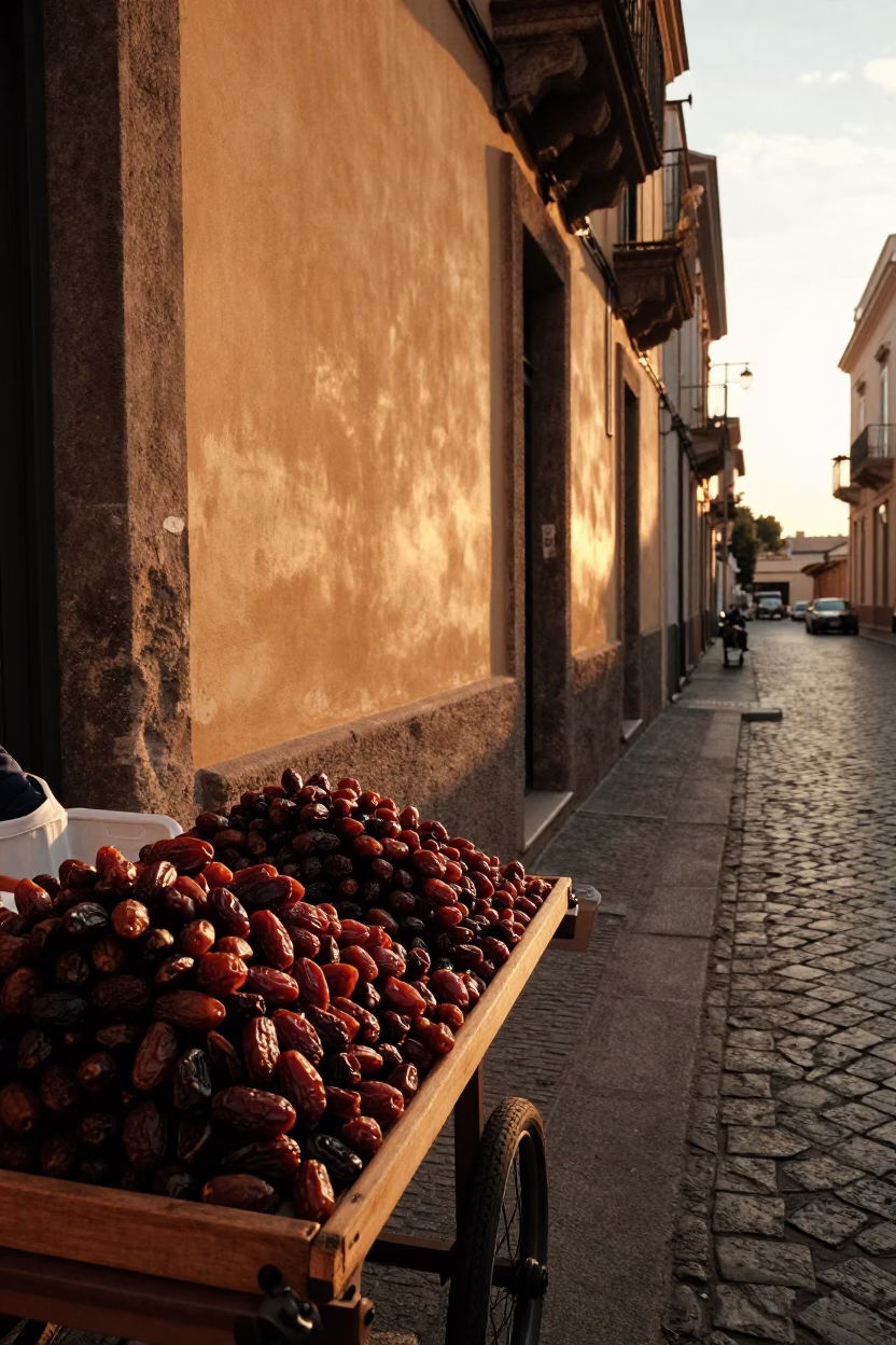 Sunset Street Scene in Naples Italy with Dried Dates and Norwich Terrier in in Naples, Italy