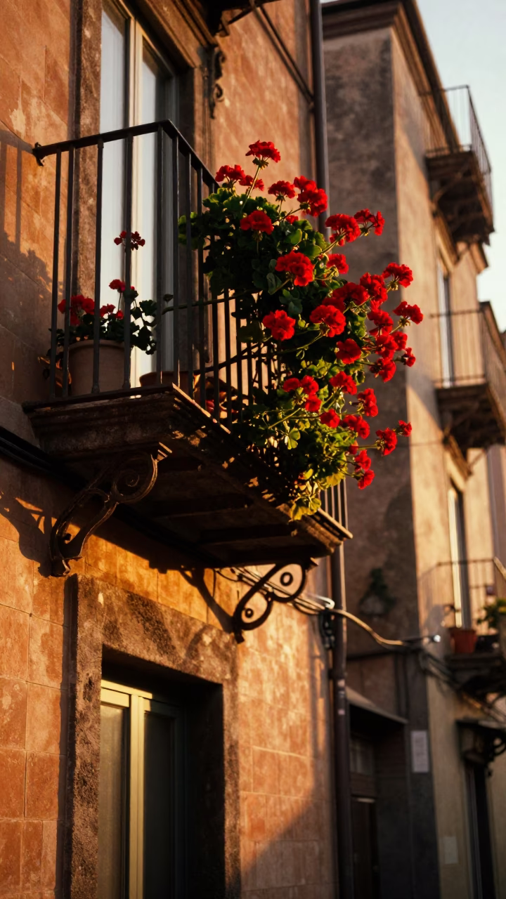 Sunset Street Scene in Naples Italy with Geraniums and Churros in in Naples, Italy