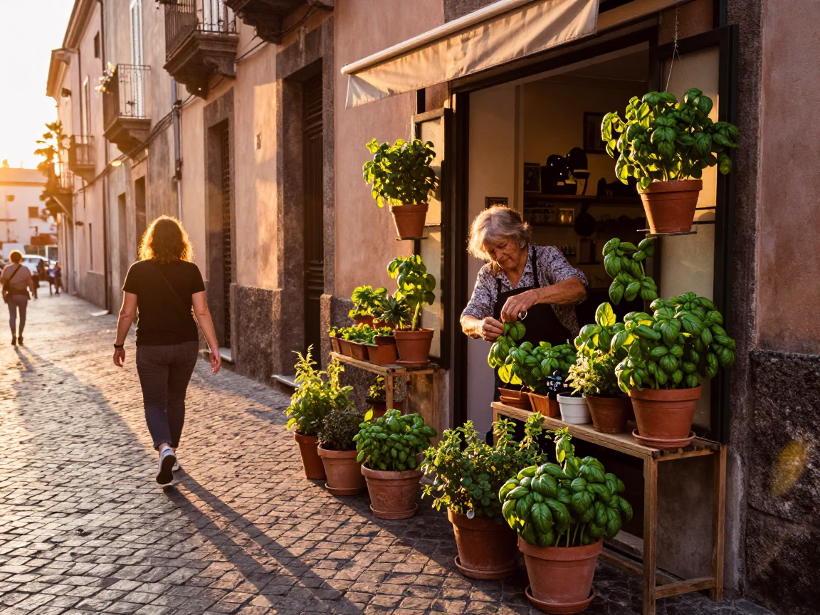 Sunset Street Scene in Naples Italy with Potted Herbs and Traditional Architecture in in Naples, Italy