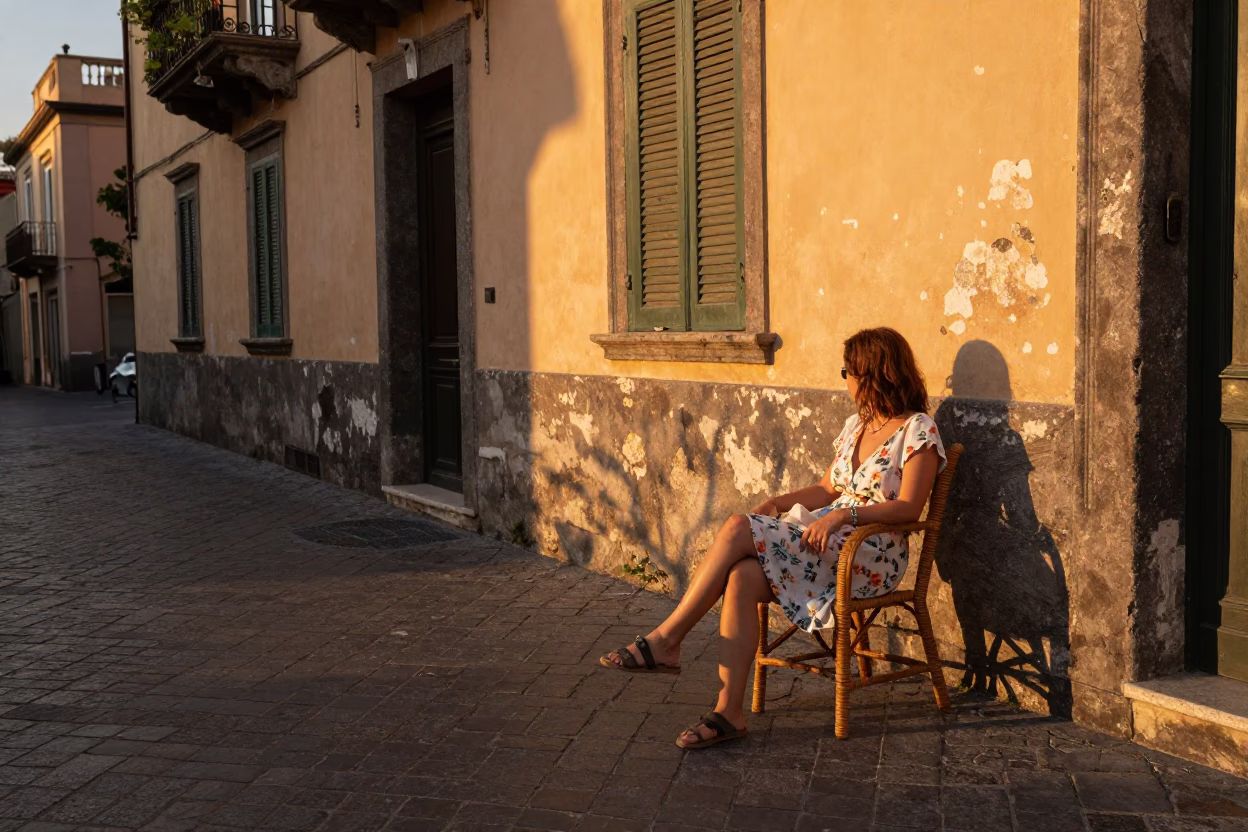 Sunset Street Scene in Naples Italy with Rattan Chair and Linen in in Naples, Italy