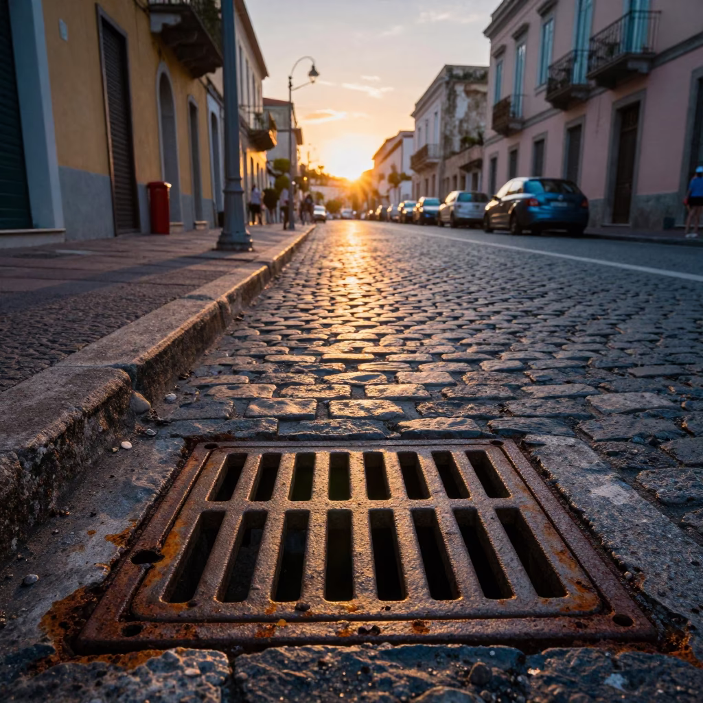 Sunset Street Scene in Naples Italy with Rusty Drain and Blue Porcelain in in Naples, Italy